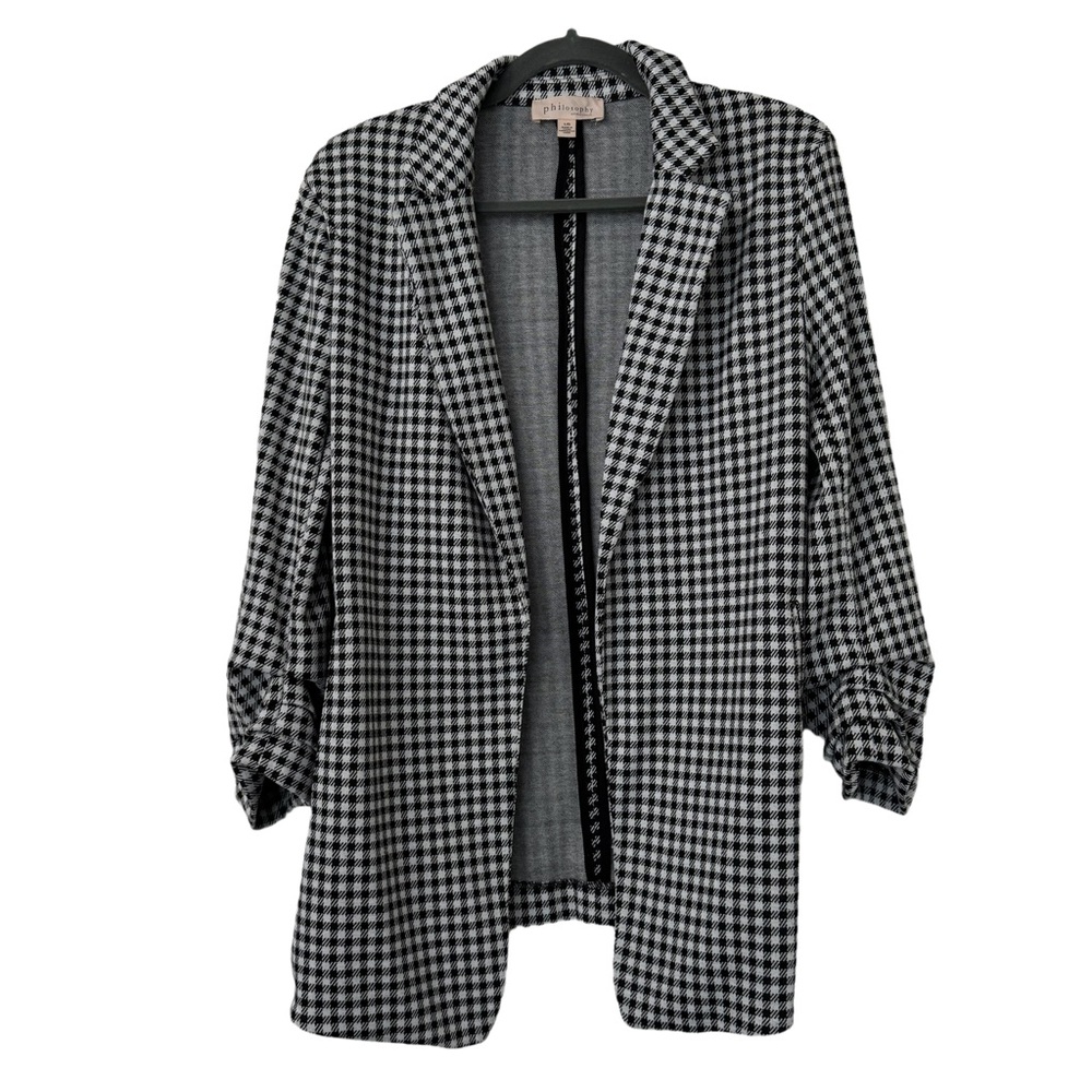 Philosophy‎ Black White Gingham Blazer 3/4 Gathered Sleeve Women's Size Large